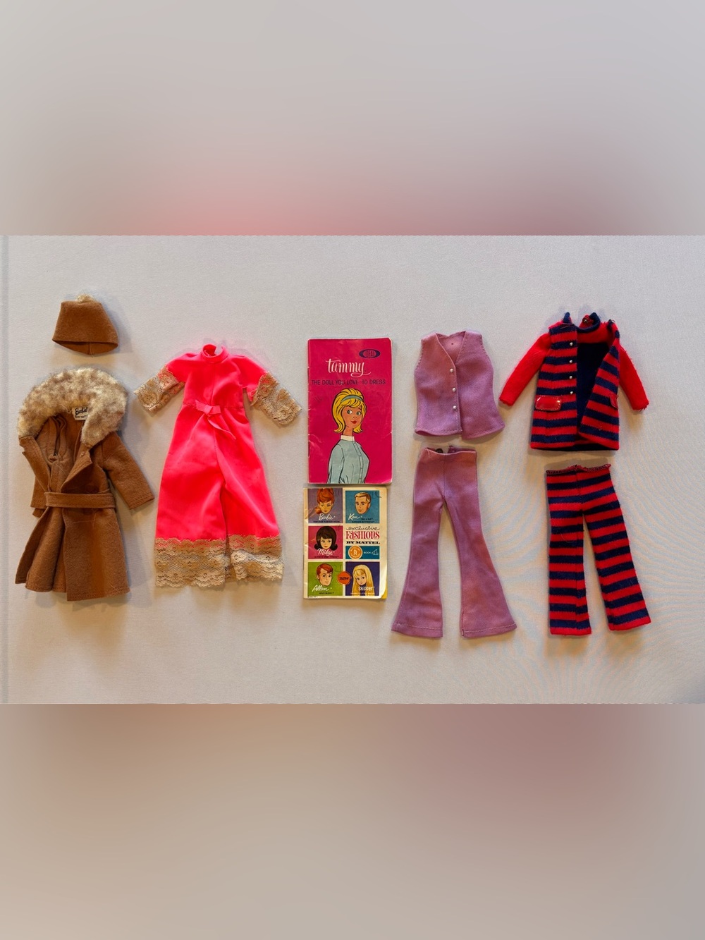Vintage Barbie Lot — Brown Coat, Hot Pink Gown, Lavender Set & Red-Blue Stripes